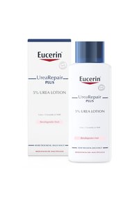 Eucerin UreaRepair PLUS 5% lotion; white cylindrical bottle with blue cap; features pink accents and text; packaged in a matching box.
