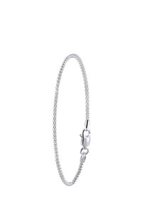 Silver chain bracelet with a delicate, interwoven design. Features a lobster clasp for secure closure. Smooth texture and polished finish.