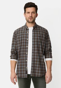 Gray plaid button-up shirt with orange and navy accents, featuring standard collar, rolled sleeves, and a white T-shirt underneath.
