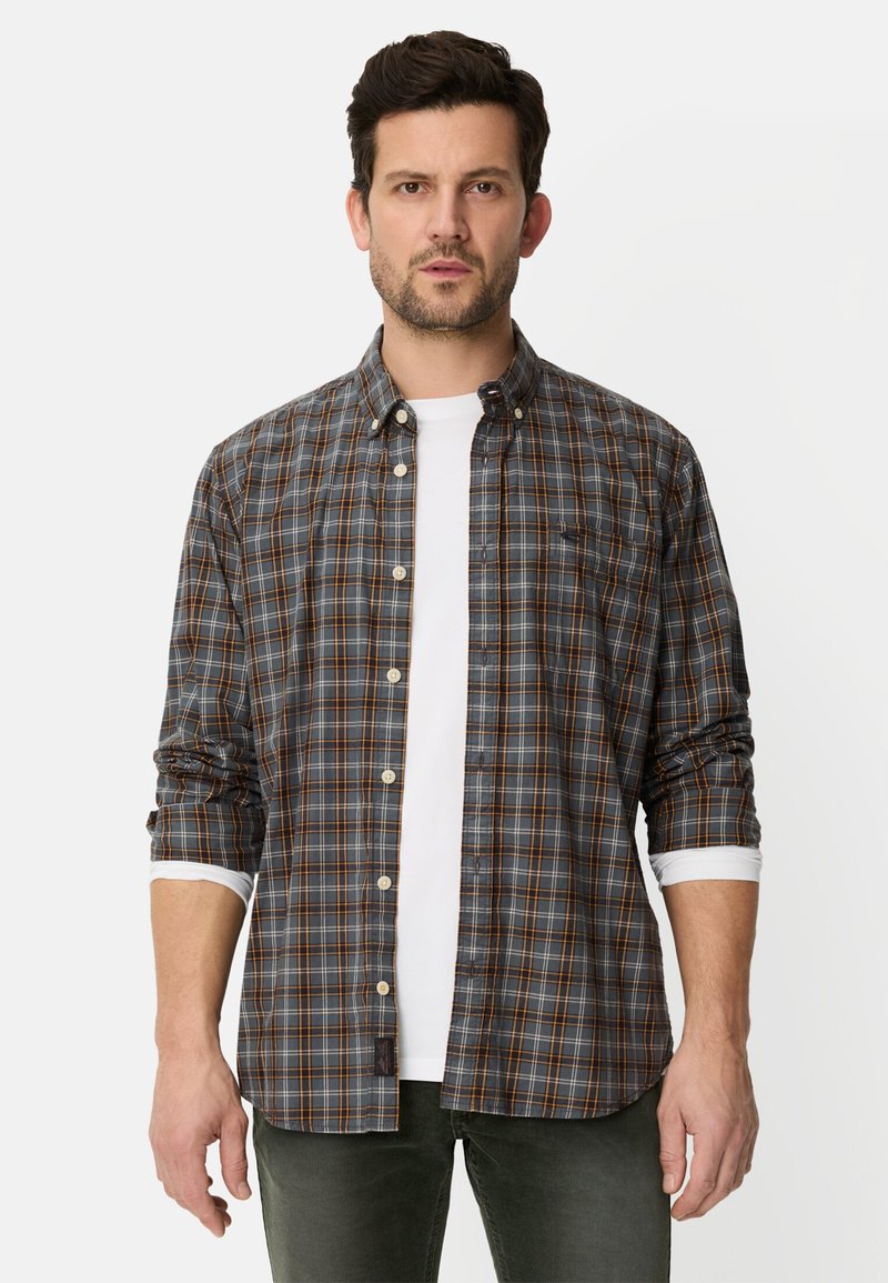 Gray plaid button-up shirt with orange and navy accents, featuring standard collar, rolled sleeves, and a white T-shirt underneath.