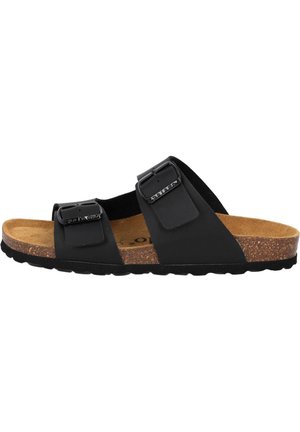 Schwarze Riemensandale mit zwei verstellbaren Riemen und Schnallen, Korkfußbett und strukturiertem Gummisohle.
