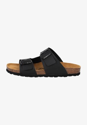 Black slide sandal featuring two adjustable straps with buckles, cork footbed, and textured rubber sole.
