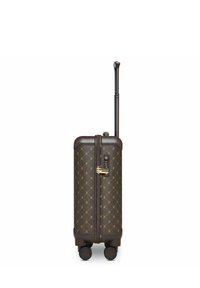 Valise rigide marron avec un motif de diamants dorés, poignée rétractable, serrure à combinaison et quatre roues qui roulent en douceur.