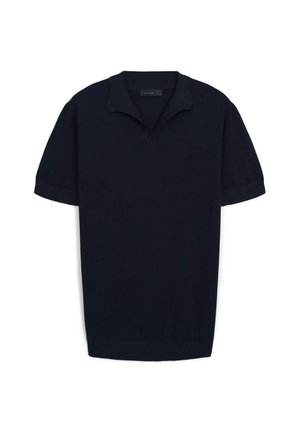 Marineblaues Poloshirt mit kurzen Ärmeln aus geripptem Stoff, ausgestattet mit einem V-Ausschnitt und einer dezent strukturierten Textur. Nahtloses, klares Design.