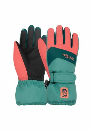 Children's winter gloves in teal and coral with grip pads, adjustable wrist straps, and "TROLLKIDS" logo on the back.