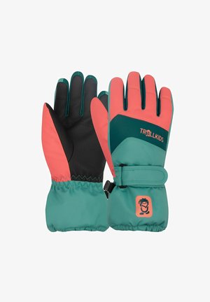 Kinder-Winterhandschuhe in Petrol und Koralle mit Griffpolstern, verstellbaren Handgelenksriemen und „TROLLKIDS“-Logo auf der Rückseite.