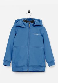 Blaue Softshelljacke mit einem Frontreißverschluss, zwei Taschen und einer Kapuze. Ausgestattet mit einem Logo auf der linken Brust sowie gerippten Bündchen und Saum.