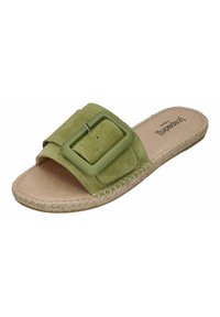 Green suede slide sandal featuring a wide strap with a large square buckle, stitched edges, and a flat woven sole.