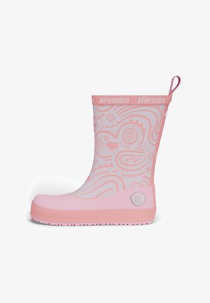 Bota de lluvia de caucho rosa para niño con patrones abstractos de sol y remolinos en color rosa claro, lengüeta para tirar y marca "Affenzahn" en el borde superior.