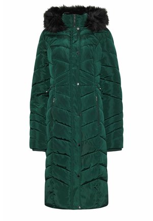 Długa, zielona kurtka puchowa z kapturem, ozdobiona czarnym futrzanym wykończeniem, zamkami błyskawicznymi w kieszeniach i wzorem w zygzaki. Wykonana z trwałego materiału, z zapięciem na guziki.