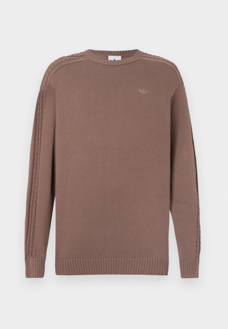 Brown knitted sweater with a round neckline, ribbed hem, and textured braid details along the shoulders. Features a small logo on the chest.
