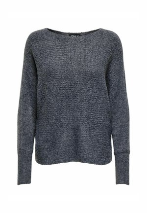 Pull en maille gris foncé à manches longues avec un col rond et des poignets côtelés, tissu texturé, coupe décontractée.