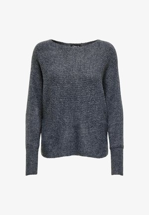 Mørkegrå strikket langærmet sweater med rund hals og ribbede manchetter, tekstureret stof, afslappet pasform.