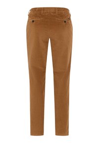 Bruine corduroy broek met een rechte snit, voorzien van twee achterzakken met knoopsluitingen en een tailleband met lussen.