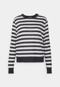Gestreifter Pullover in Marineblau und Creme, lange Ärmel, Rundhals, weicher Stoff, lässige Passform, gerippte Bündchen und Saum, horizontale Streifen.