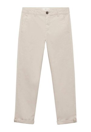Chino en coton beige clair avec une coupe droite, dotés de deux poches avant et d'ourlets retroussés. Des lignes simples et épurées avec une texture lisse.