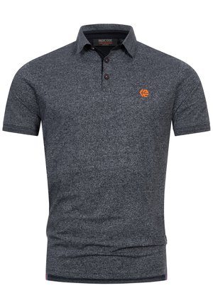 Mörkgrå pikétröja för män, kort ärm, klassisk krage, med tre knappslutningar, orange logobroderi. Texturerad tyg med subtil melerad mönster.