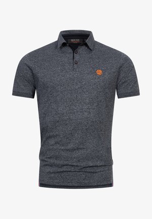 Polo shirt da uomo grigio scuro, maniche corte, colletto classico, placket con tre bottoni, accento logo arancione. Tessuto testurizzato con un sottile motivo melange.