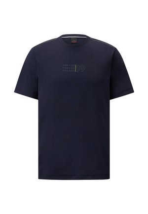 Navy blue t-shirt made of soft fabric, featuring a crew neckline, short sleeves, and a subtle printed logo design on the front.