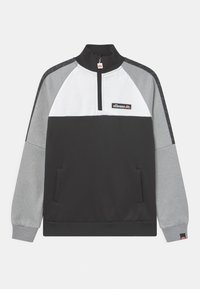 Felpa nera e grigia con zip, caratterizzata da un pannello bianco, tasca frontale e dettaglio del logo sul petto, con maniche di colore contrastante.