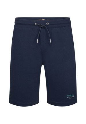 Marineblauwe casual herenshort met trekkoord in de taille en kleine bedrukte tekst op het onderste linkerbeen.