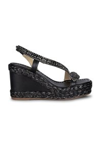 Sandali con tacco a cuneo neri con suola in juta intrecciata, cinturini decorati con strass neri e una soletta in pelle liscia.