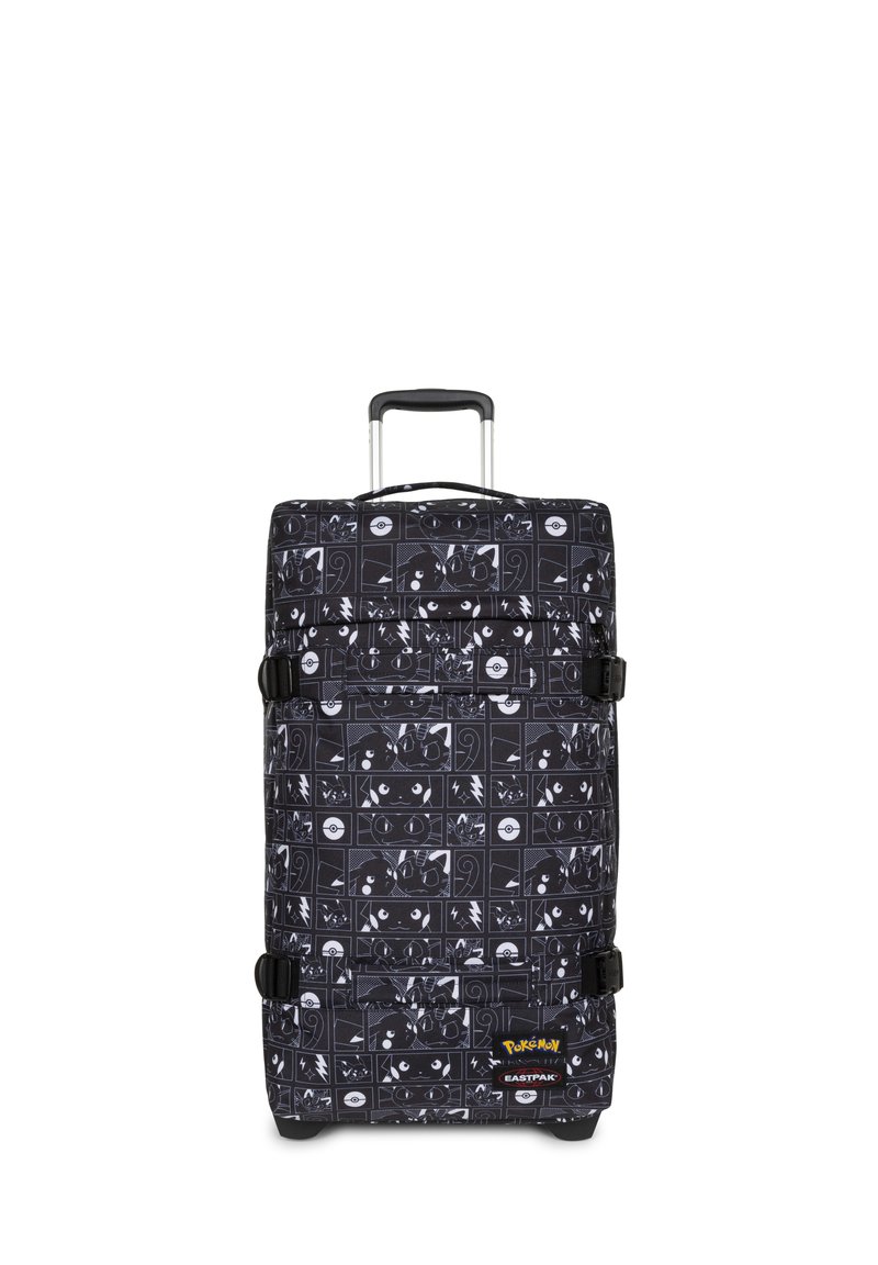 Černá měkká cestovní taška s potiskem na téma Pokémon, zobrazující různé postavy. Obsahuje teleskopickou rukojeť a boční popruhy pro zajištění.