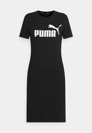 Czarna sukienka z krótkim rękawem, wykonana z bawełny, z białym logo "PUMA" i wizerunkiem skaczącego pumy na przodzie. Klasyczny prosty krój.