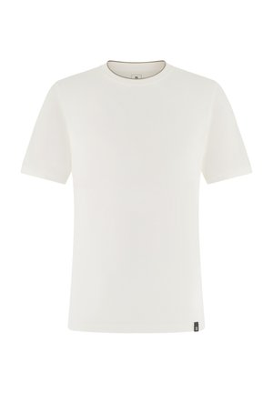 T-shirt blanc uni à manches courtes avec col rond, avec une petite étiquette noire ornée d'un logo "B" blanc en bas de l'ourlet, sur fond blanc.