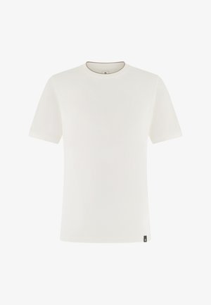 T-shirt blanc uni à manches courtes avec col rond, avec une petite étiquette noire ornée d'un logo "B" blanc en bas de l'ourlet, sur fond blanc.