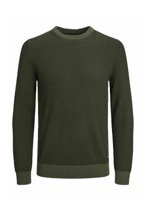Mörkgrön stickad tröja med rund halsringning, ribbad nederkant och strukturerat mönster på kroppen. Långa ärmar fulländar designen.