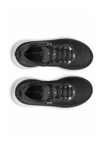 Black athletic shoes with a mesh upper, rounded toe, and white sole. Features laces and logo accents. Lightweight design for comfort.