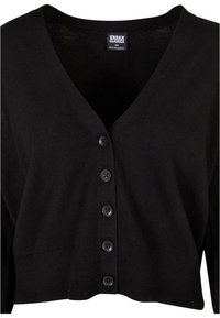 Črn pleteni cardigan z V-izrezom, ki ima spredaj šest črnih gumbov in rebrast rob. Narejen iz mehkega materiala, oznaka prikazuje velikost XS.