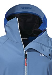 Blue outdoor jacket with a zippered front, adjustable hood, and RECCO technology. Features a smooth texture and ventilated accents.