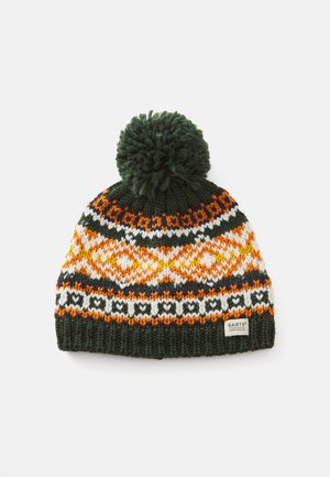 Dunkelgrübe Strickmütze mit orangefarbenen, weißen und gelben Mustern sowie einem großen Pom-Pom oben, beschriftet mit "Barts Amsterdam."