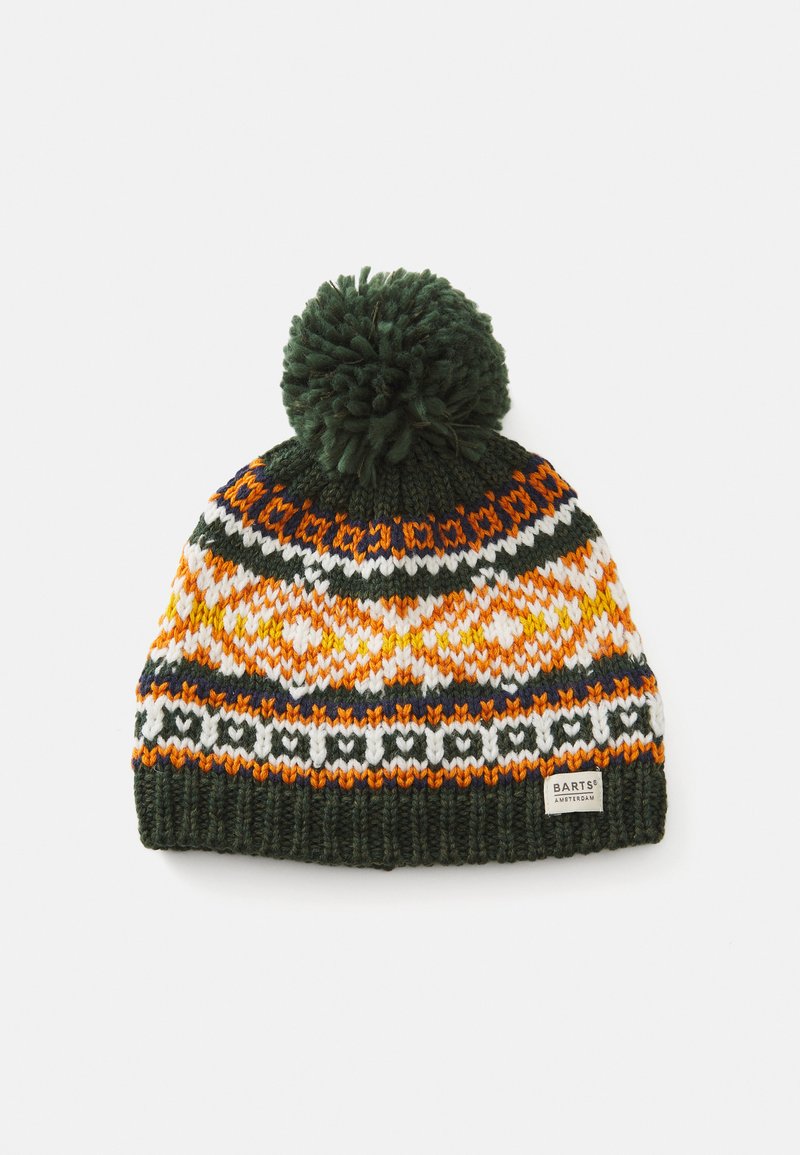 Dark green knit beanie with orange, white, and yellow patterns and a large pom-pom on top, labeled "Barts Amsterdam."