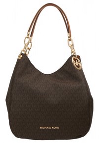 Sac à main Michael Kors marron en matériau texturé, avec un grand logo doré et un design incurvé doté d'une seule bandoulière en cuir.