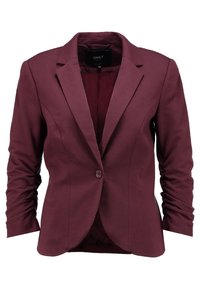Blazer pour femme couleur mauve foncé avec revers crantés, fermeture à un bouton et manches longues légèrement froncées, présenté sur un fond blanc.