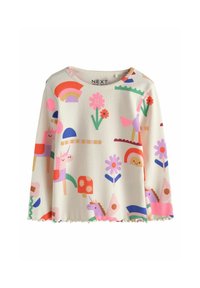 Camiseta de punto crema de manga larga con un patrón colorido de unicornios de dibujos animados, flores, arcoíris y formas abstractas para niños.