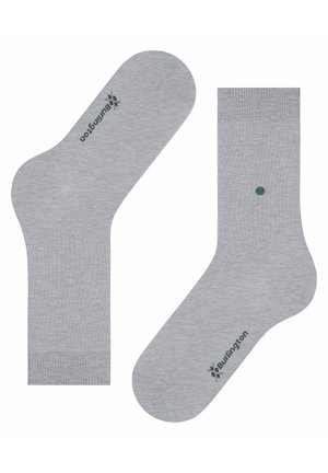 Calze in cotone grigie con una texture liscia, caratterizzate da un dettaglio a pois verdi e il logo "Burlington" in grigio scuro su ciascuna calza.