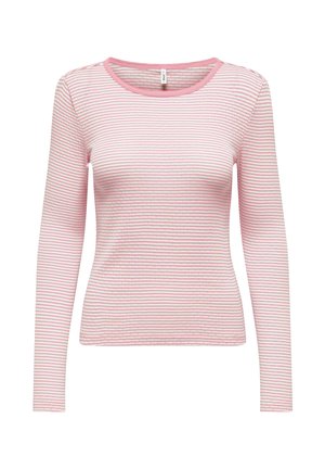 Maglietta a maniche lunghe con scollo rotondo, caratterizzata da sottili strisce orizzontali rosa e bianche e da una rifinitura rosa sul colletto.