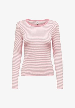 Koszulka z długim rękawem i okrągłym dekoltem, z cienkimi różowo-białymi poziomymi paskami oraz różowym obszyciem przy kołnierzu.
