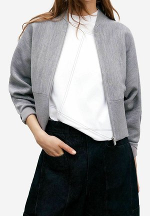 Veste bomber grise avec des poignets et un ourlet côtelés, fermeture éclair sur le devant, texture lisse. Portée par-dessus une chemise blanche au design minimaliste, accompagnée d'un pantalon sombre.