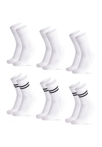 White cotton athletic socks, ribbed texture, crew length, six pairs, two pairs with black stripes at the top, reinforced toe and heel.