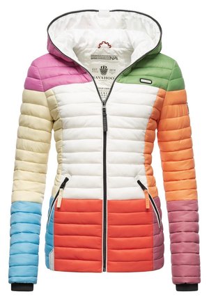 Quiltet jakke med horisontal syning, frontlynlås, to lynlås lommer, multicolor paneler i hvid, orange, grøn, pink, blå og creme.