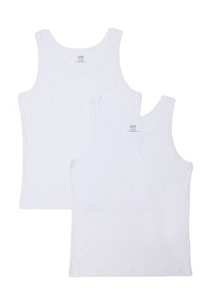 Zwei schlichte weiße ärmellose Tanktops, eines leicht hinter dem anderen, mit runden Ausschnitten und Markenetiketten innen am Kragen.