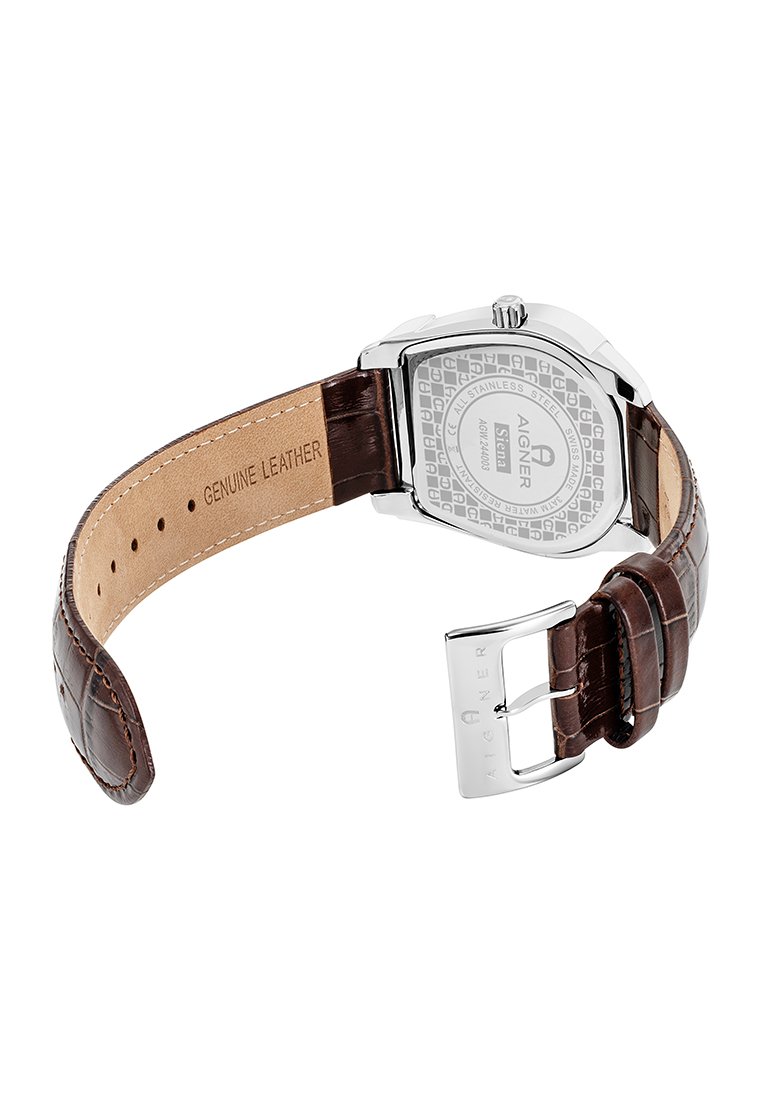 Brauner echtes Lederarmband mit strukturiertem Finish, silberne Edelstahlgehäuse und graviertes Logo auf der Gehäuserückseite.