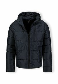 Tummansininen pehmeä takki, jossa on vetoketju edessä, kiinteä huppu ja sivutaskut. Ominaisuuksiin kuuluu ommeltu yksityiskohtaisuus ja sileä, kiiltävä pinta.