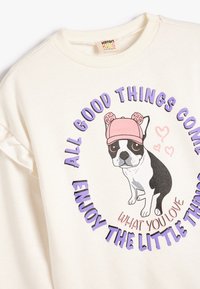 Sudadera de algodón en color crema con cuello de canalé. Presenta un gráfico de un perro con un sombrero rosa, rodeado de texto morado y iconos de corazones.