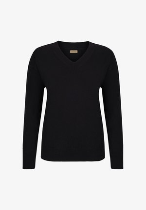Zwarte V-halstrui, met lange mouwen, gemaakt van zacht gebreid materiaal, heeft ribgebreide manchetten en zoom, gladde textuur, minimalistisch ontwerp.